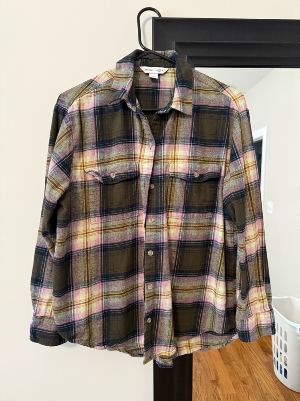 Old Navy Olive Green Pink Plaid Button-Down Shirt